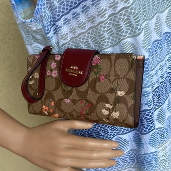 Coach Tech Wallet In Signature Canvas With Wildflower Print Khaki Multi - Picture 11 of 16